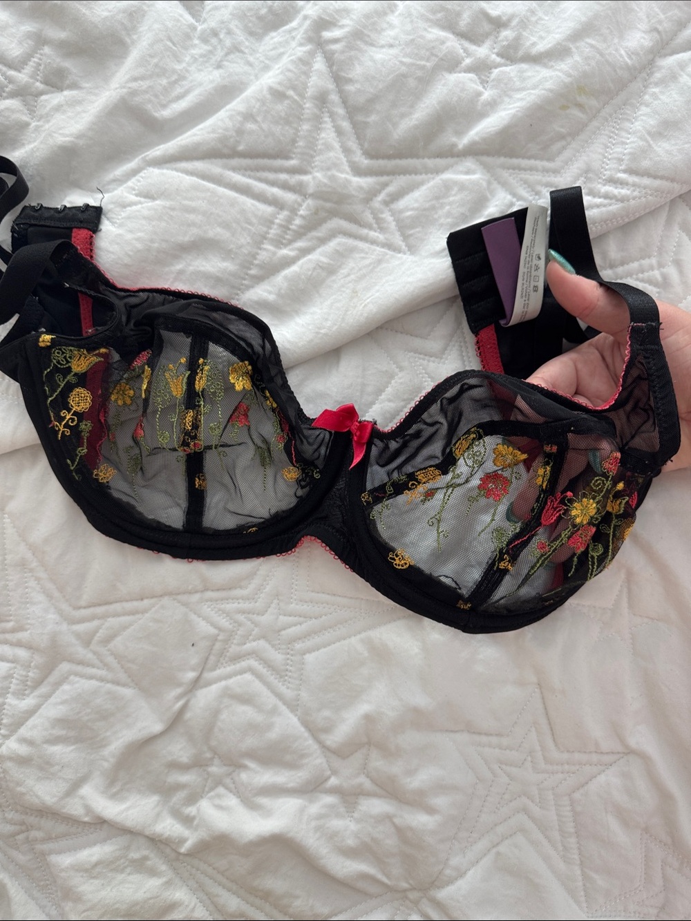Adore Me Black Sheer Embroidered Bra with Yellow & Pink Floral Detail - Picture 1 of 7